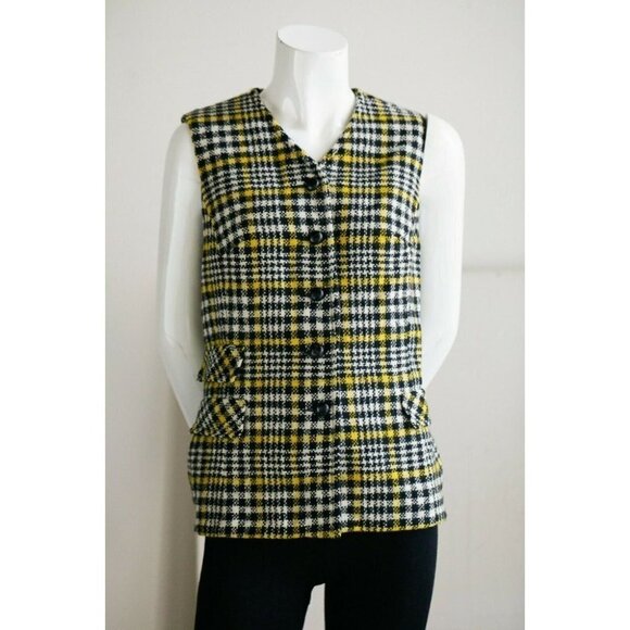Vintage Junior House Micro Check Long Line  Wool Vest with Grandpa Buttons M - Picture 2 of 8